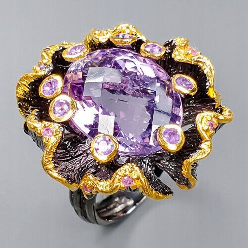 Artystyczny pierścionek ametyst szafiry r 14