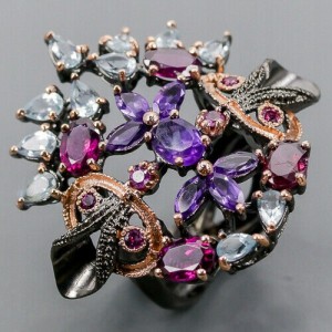 Artystyczny pierścionek ametyst granaty r 17 topaz