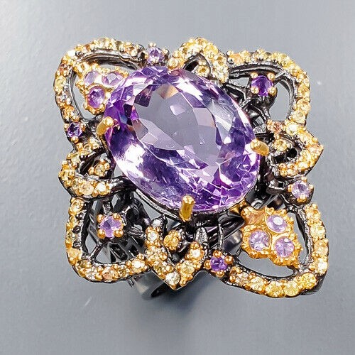 Artystyczny pierścionek AA 15ct ametyst szafiry 18