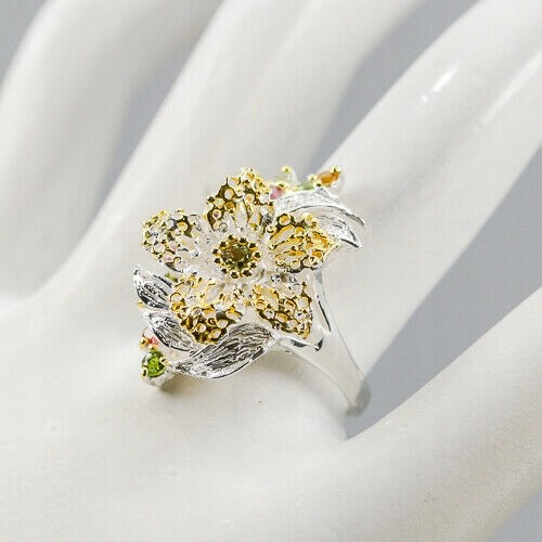 Artystyczny pierścionek iolit r 18 turmaliny kwiat