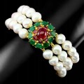 Bracelet natural emeralds pearl rubies 925