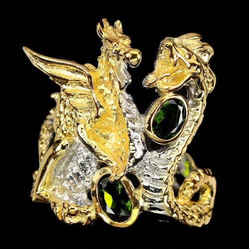 Natural silver diopside dragon ring, size 16