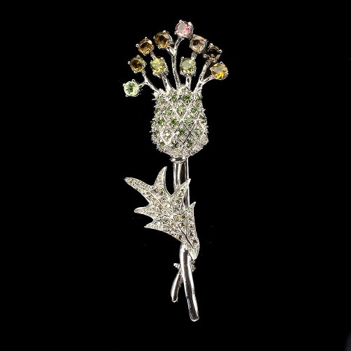 Silver Sapphires Tourmaline Flower Brooch Diopside 3