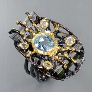 Artystyczny pierścionek blue topaz turmaliny r 16