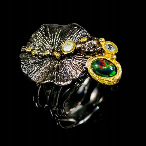 Artystyczny pierścionek topazy czarny opal r 15.5