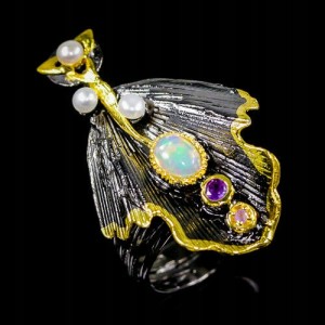 Artystyczny pierścionek opal r 13 ametysty perły