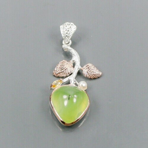 Artystyczny wisiorek prehnit perła cytryn 925