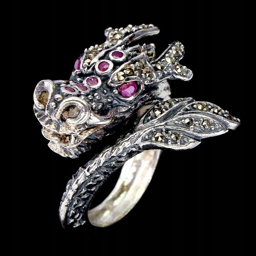 Pierścionek srebro 925 smok markazyty rubiny r 20