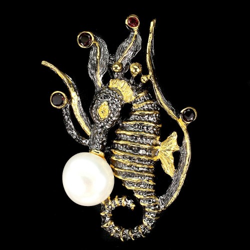 Broszka konik morski perła granaty srebro 925