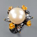 Artystyczny pierścionek perła topazy kwiat r 15
