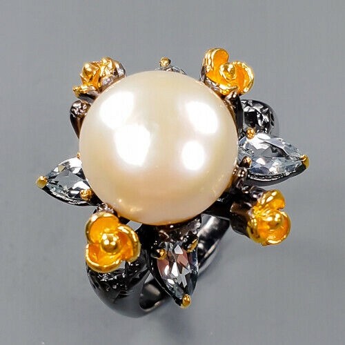 Artystyczny pierścionek perła topazy kwiat r 15
