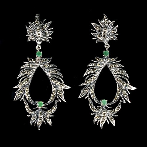 Srebrne kolczyki naturalne 3 szmaragdy markazyty