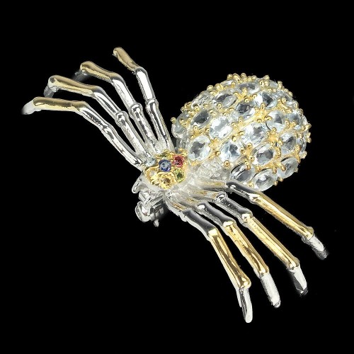 Broszka srebro naturalne akwamaryny szafiry pająk