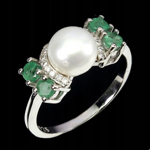 Pierścionek r 15 delikatny natural szmaragdy perła