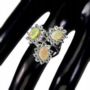 Pierścionek srebrny akwamaryny r 17 opale ogniste