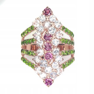 Pierścionek r 19 diopsydy granaty akwamaryny 925