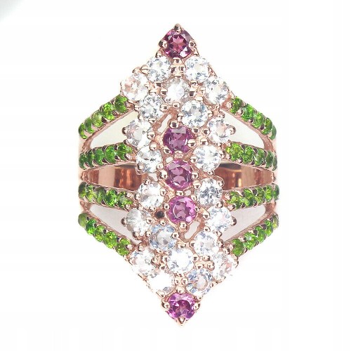 Pierścionek r 19 diopsydy granaty akwamaryny 925