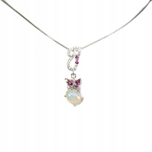 Srebrny naszyjnik opal ognisty granaty delikatny