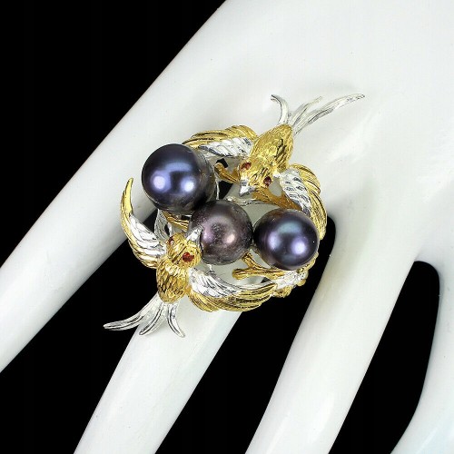 Srebrny pierścionek czarne perły 925 r 17 ptak