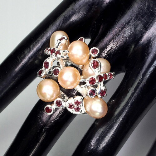 Pierścionek naturalne perły granaty rodolity r 18