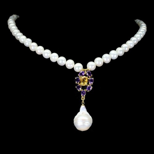 Naszyjnik naturalny cytryn perły srebro ametysty