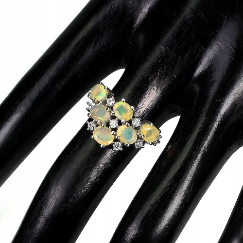 Pierścionek r 14 naturalne opale ogniste cyrkonie