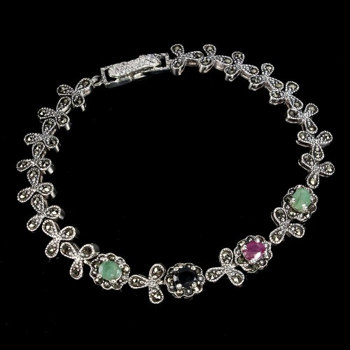 925 Bransoletka natural rubiny markazyty szmaragdy