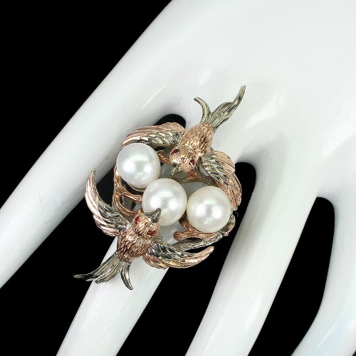 Srebro pierścionek perły barokowe granat r 14 ptak