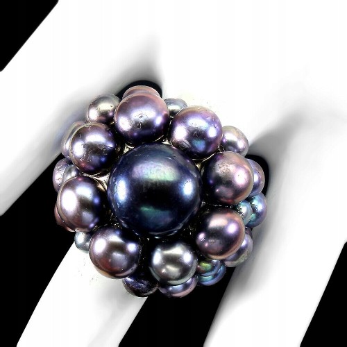 Srebrny pierścionek czarne perły naturalne r 16