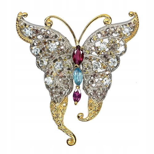 Broszka motyl granat szafiry akwamaryny topaz 925