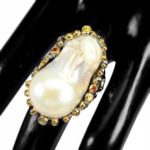 Pierścionek r 16 naturalna perła barokowa granaty