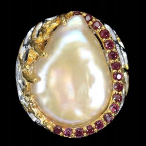 Pierścionek r 19 perła barokowa granaty srebro 925