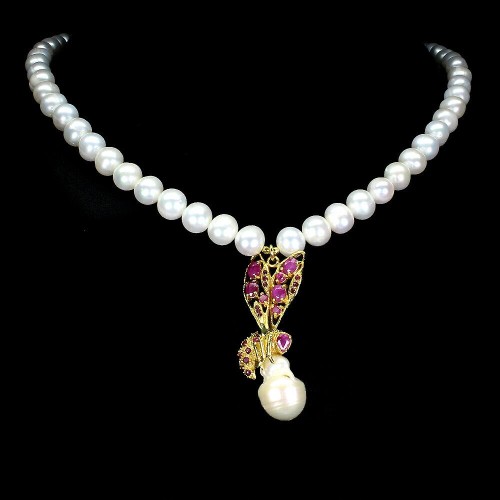 Naszyjnik rubiny perły srebro naturalne pszczoła