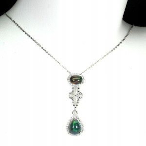 Srebrny naszyjnik czarne opale cyrkonie kokardka