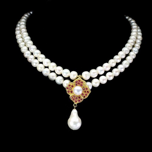 Piękny naszyjnik naturalne rubiny perły 925 srebro