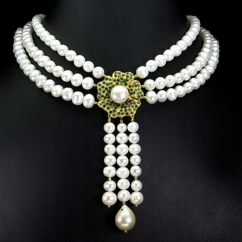 925 Naszyjnik diopsydy perły srebro naturalne