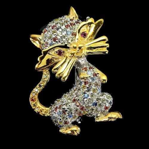 Broszka 925 srebrna granaty szafiry Songea kot