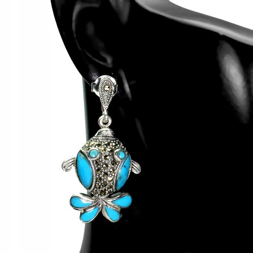 5 Kolczyki srebro naturalne turkusy markazyty ryba