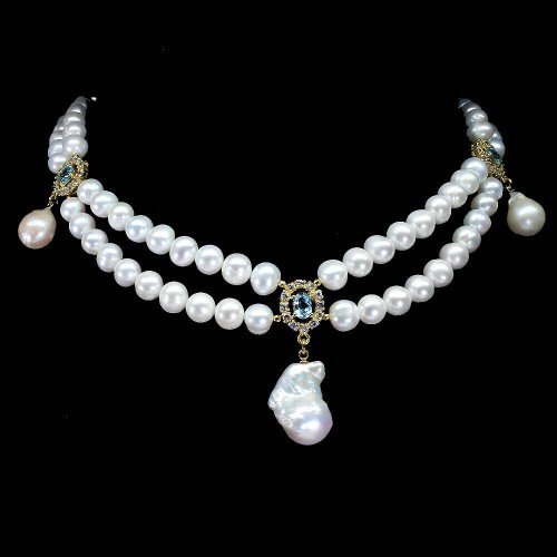 Tanzanity perły topazy naturalny naszyjnik srebrny