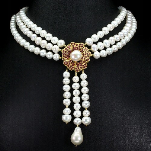 Zjawiskowy naszyjnik rubiny perły srebro naturalne