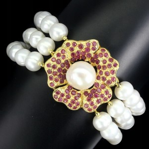 Bransoletka srebrna naturalne rubiny perły kwiat