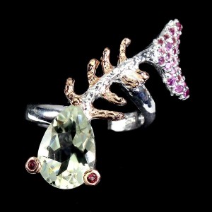 Pierścionek zielony ametyst granaty r 18.5 ryba