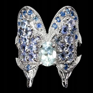 Pierścionek r 16.5 tanzanity szafiry akwamaryn 925