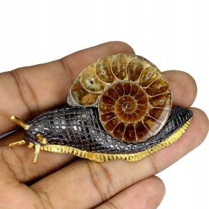 Broszka srebro ślimak skamielina amonit naturalny