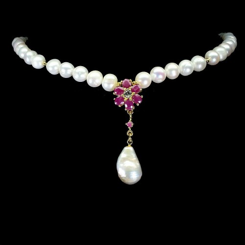 Naszyjnik naturalne perły rubiny biały topaz 925