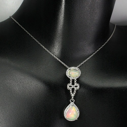 Naszyjnik srebrny ogniste opale cyrkonie kokardka