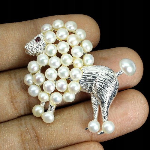 Broszka srebro naturalne perły granat pudel 925