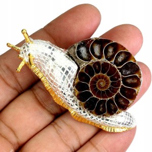 Broszka ślimak srebro skamielina amonit naturalny