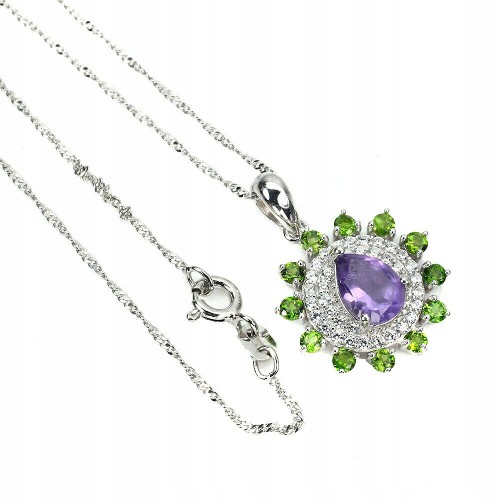 925 Naszyjnik srebrny naturalny ametyst diopsydy