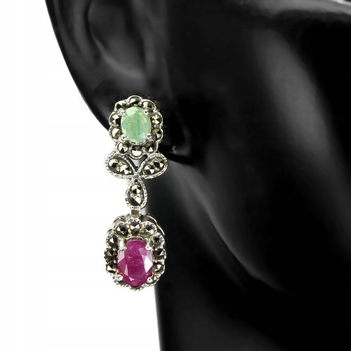 4 Srebrne kolczyki szmaragdy markazyty rubiny 925